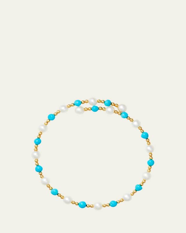 18K Yellow Gold Carmel Multi Turquoise and Mini Pearl Beaded Bracelet
